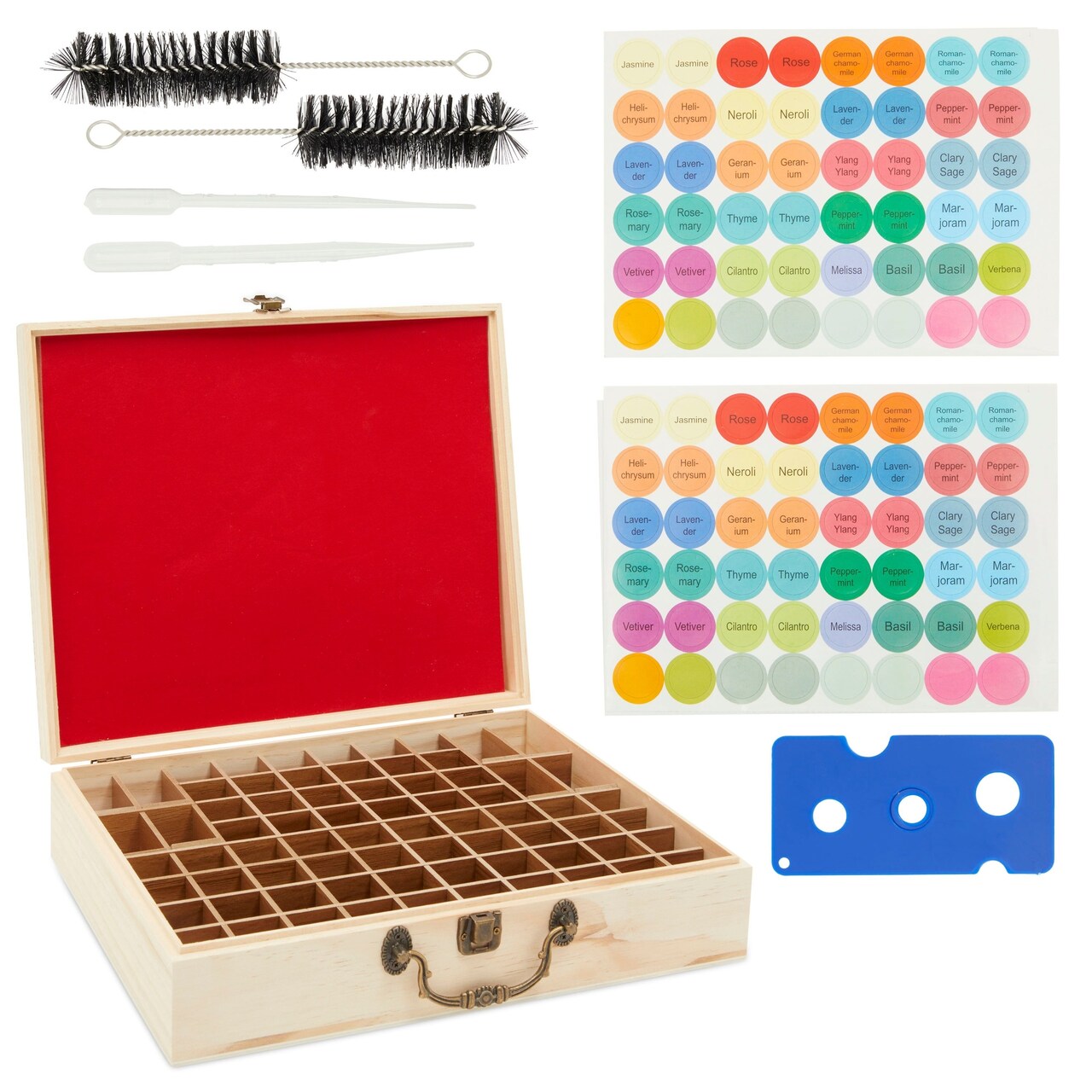 Bright Creations Wooden Essential Oil Storage Box Organizer Case with 72 Slots and Labels, Holds 5ml 10ml 15 ml Bottles, Droppers Brushes Included